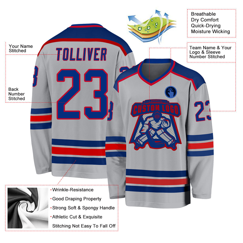 Custom Gray Royal-Red Hockey Jersey - Sky-Custom