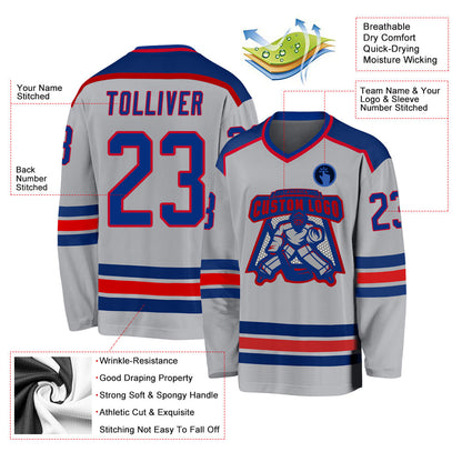 Custom Gray Royal-Red Hockey Jersey - Sky-Custom