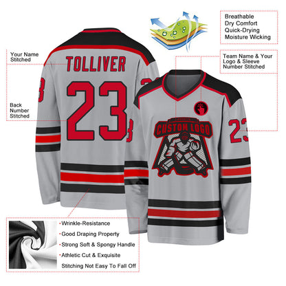 Custom Gray Red-Black Hockey Jersey - Sky-Custom