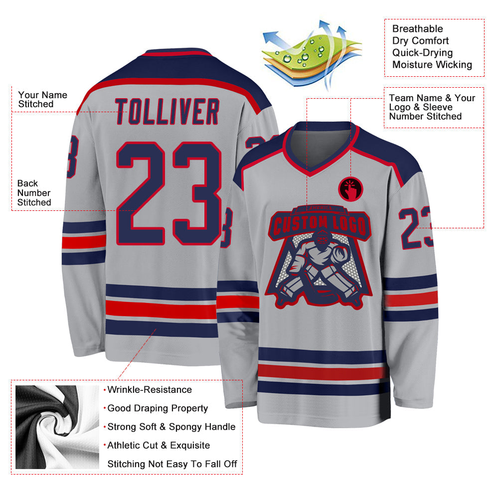 Custom Gray Navy-Red Hockey Jersey - Sky-Custom