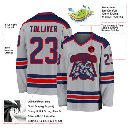 Custom Gray Navy-Red Hockey Jersey - Sky-Custom