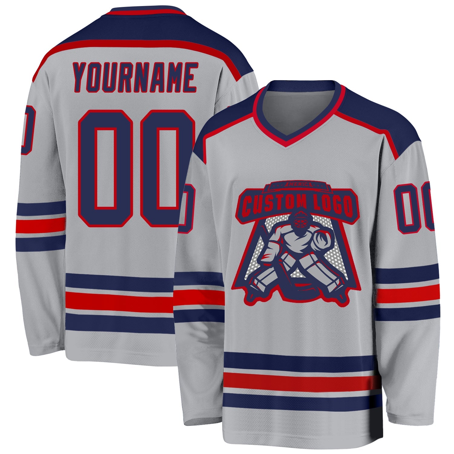 Custom Gray Navy-Red Hockey Jersey - Sky-Custom