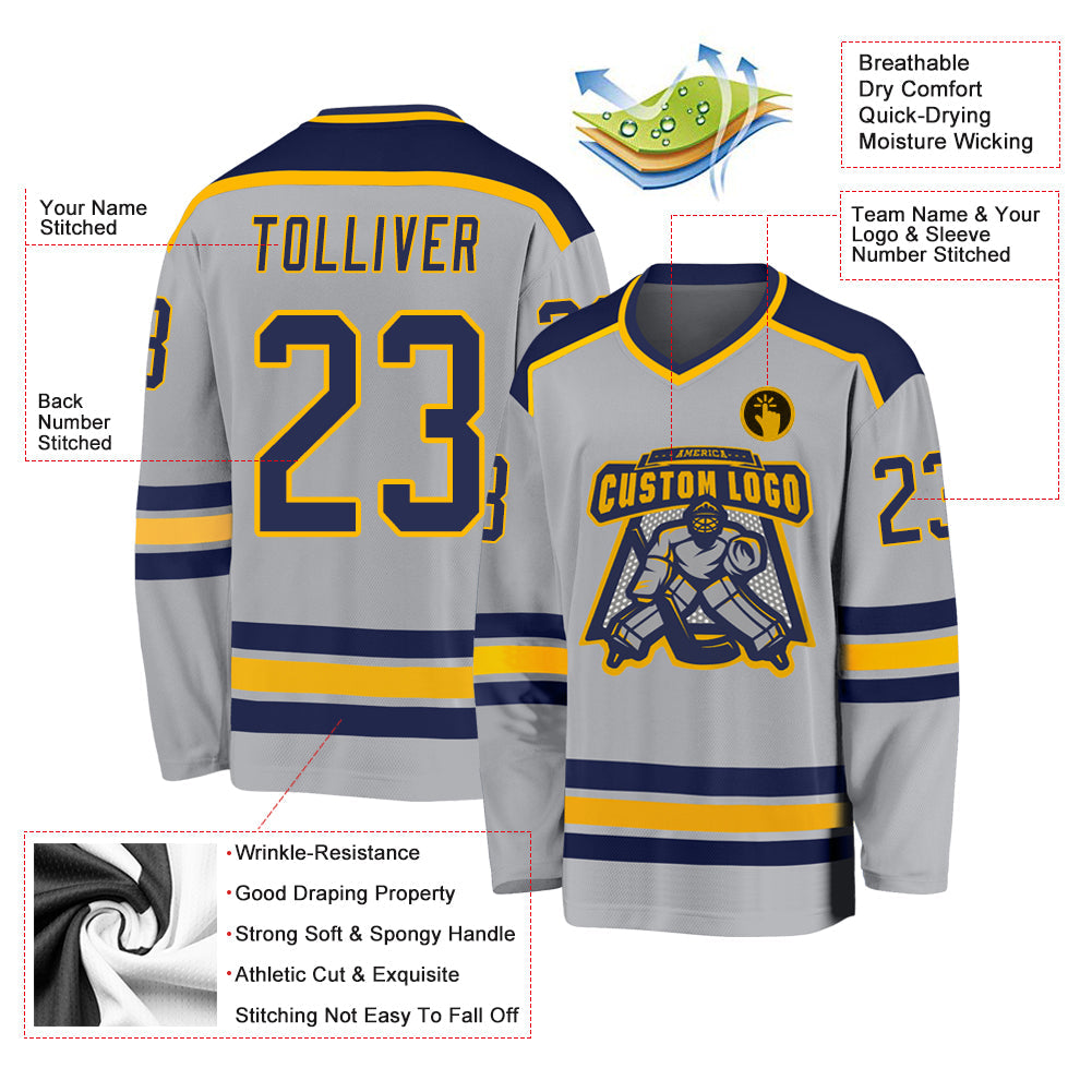 Custom Gray Navy-Gold Hockey Jersey - Sky-Custom
