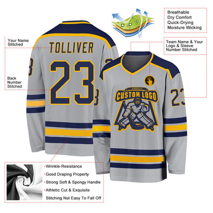 Custom Gray Navy-Gold Hockey Jersey - Sky-Custom