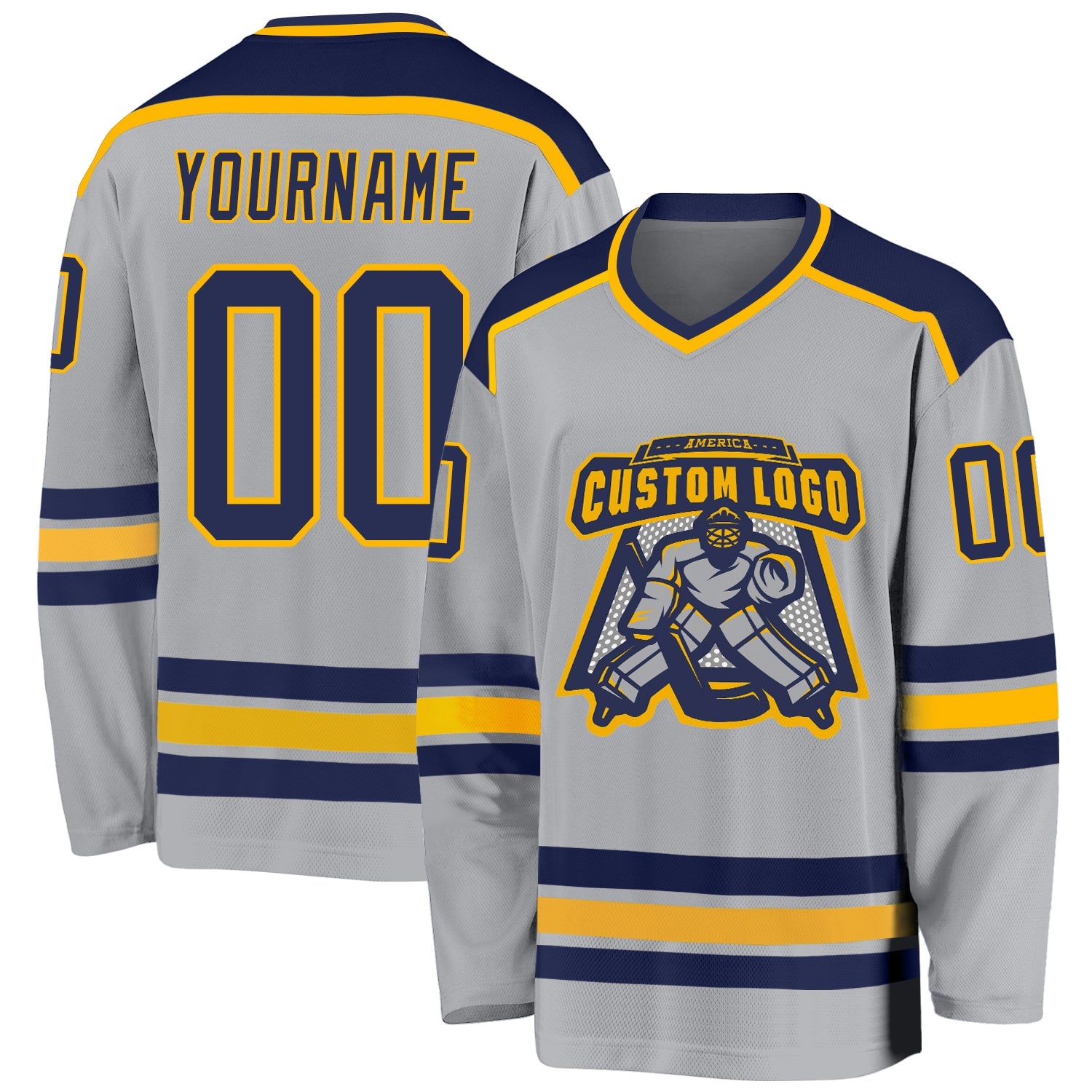 Custom Gray Navy-Gold Hockey Jersey - Sky-Custom