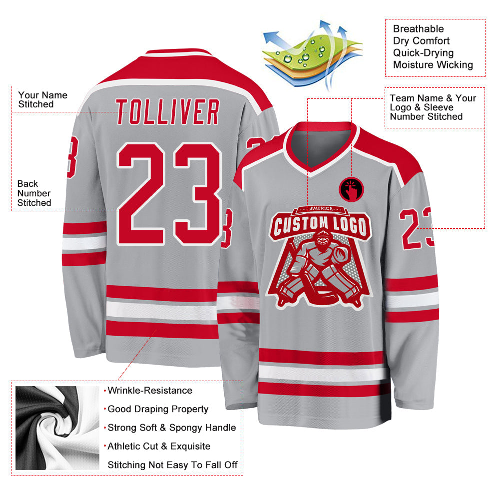 Custom Gray Red-White Hockey Jersey - Sky-Custom