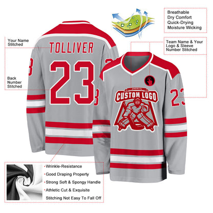 Custom Gray Red-White Hockey Jersey - Sky-Custom