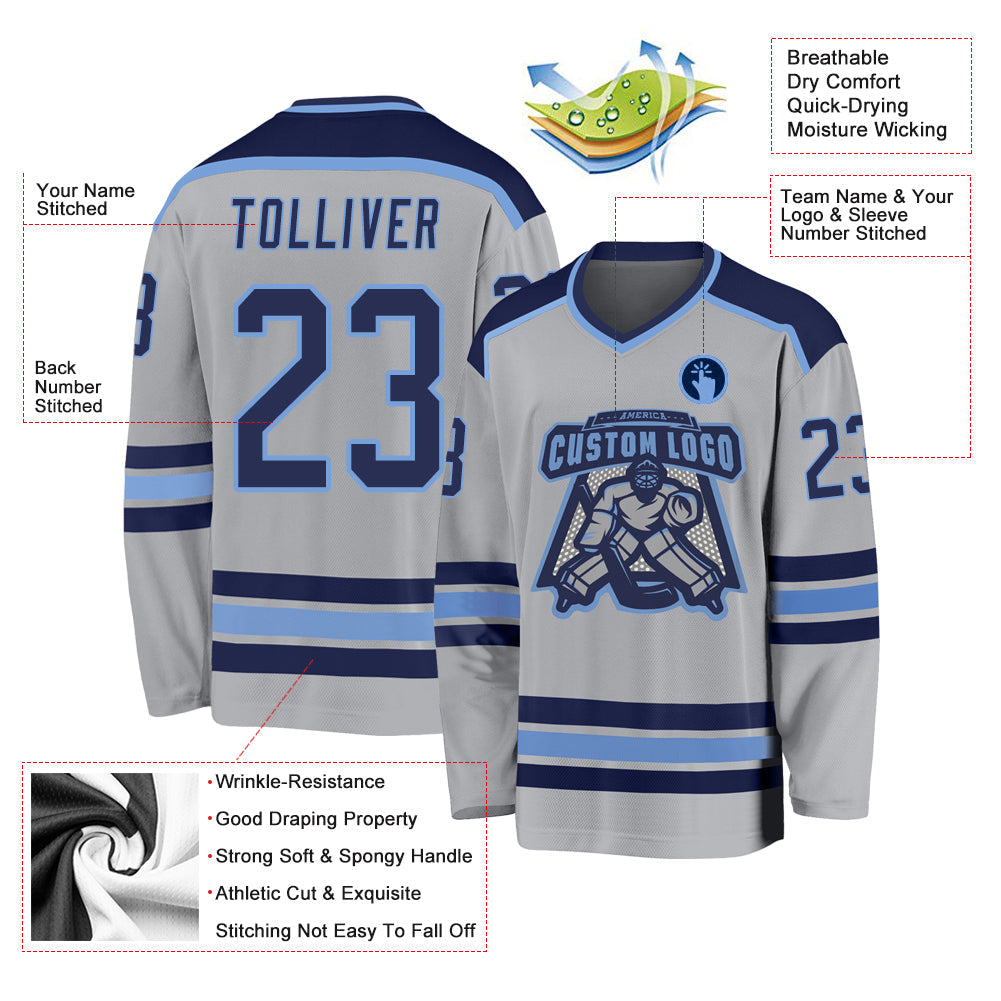 Custom Gray Navy-Light Blue Hockey Jersey - Sky-Custom