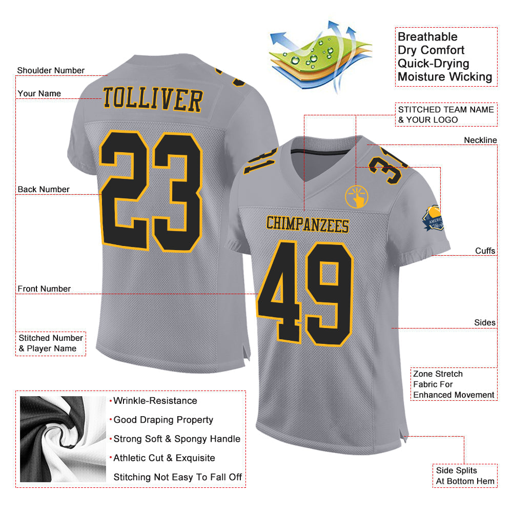 Custom Gray Black-Gold Mesh Authentic Football Jersey - Sky-Custom