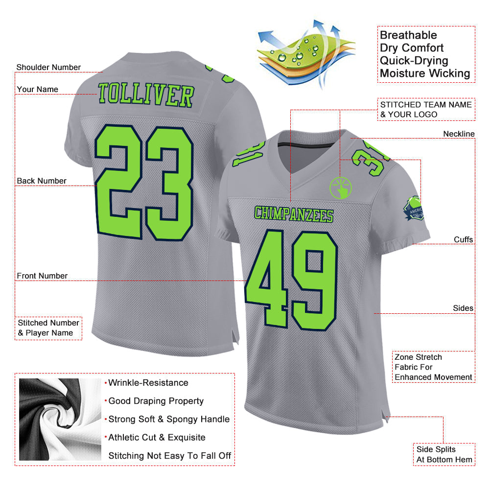 Custom Gray Neon Green-Navy Mesh Authentic Football Jersey - Sky-Custom