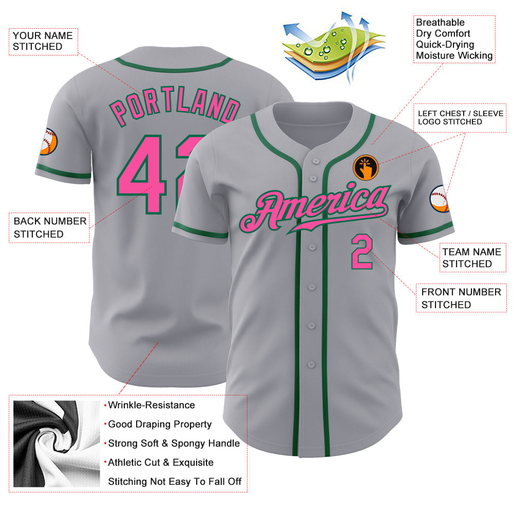 Custom Gray Pink-Kelly Green Authentic Baseball Jersey - Sky-Custom