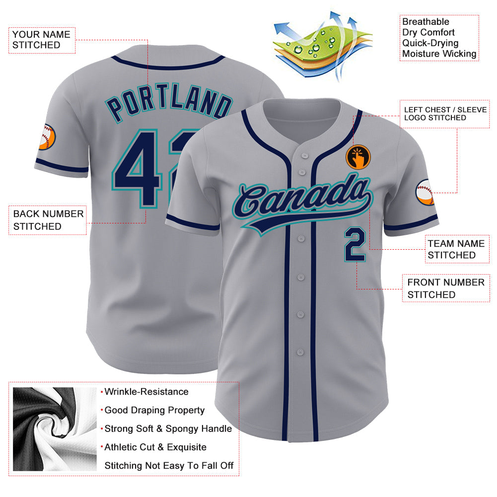 Custom Gray Navy-Teal Authentic Baseball Jersey - Sky-Custom