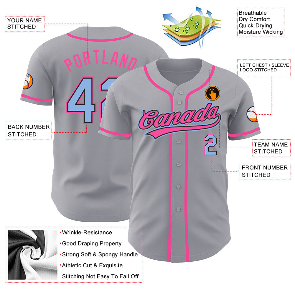 Custom Gray Light Blue Black-Pink Authentic Baseball Jersey - Sky-Custom