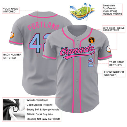 Custom Gray Light Blue Black-Pink Authentic Baseball Jersey - Sky-Custom