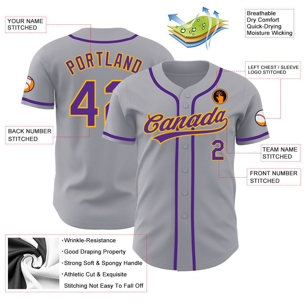 Custom Gray Purple-Gold Authentic Baseball Jersey - Sky-Custom