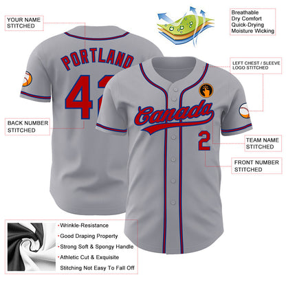 Custom Gray Red-Royal Authentic Baseball Jersey - Sky-Custom