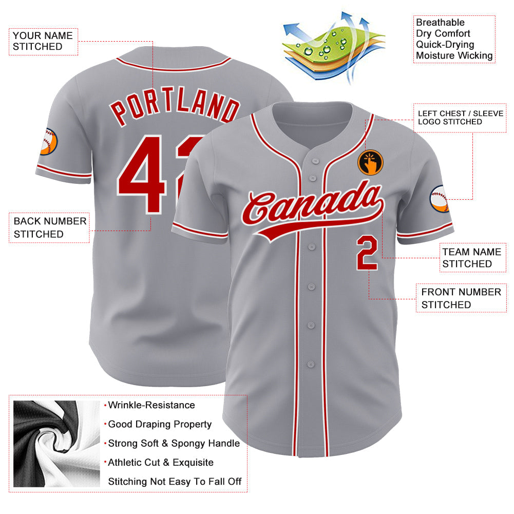 Custom Gray Red-White Authentic Baseball Jersey - Sky-Custom