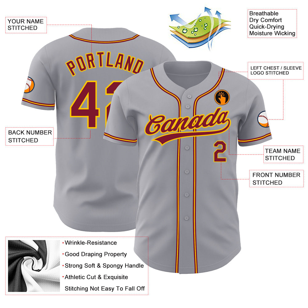 Custom Gray Crimson-Gold Authentic Baseball Jersey - Sky-Custom
