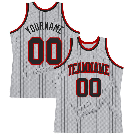 Custom Gray Black Pinstripe Black-Red Authentic Basketball Jersey - Sky-Custom