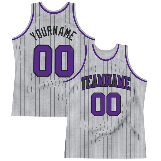 Custom Gray Black Pinstripe Purple Authentic Basketball Jersey - Sky-Custom
