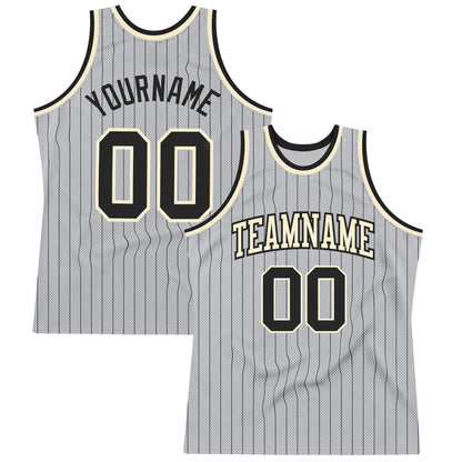Custom Gray Black Pinstripe Black-Cream Authentic Basketball Jersey - Sky-Custom