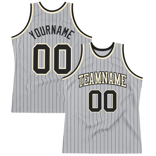 Custom Gray Black Pinstripe Black-Cream Authentic Basketball Jersey - Sky-Custom