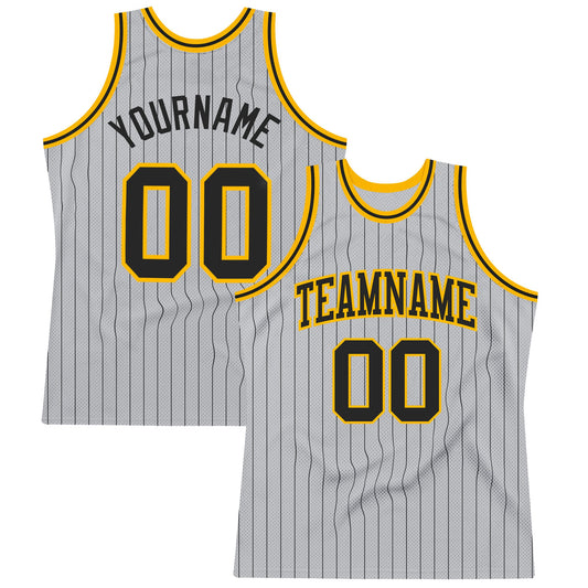 Custom Gray Black Pinstripe Black-Gold Authentic Basketball Jersey - Sky-Custom