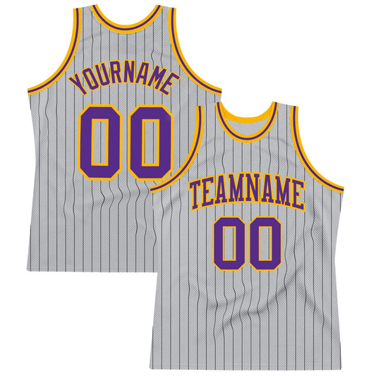 Custom Gray Black Pinstripe Purple-Gold Authentic Basketball Jersey - Sky-Custom