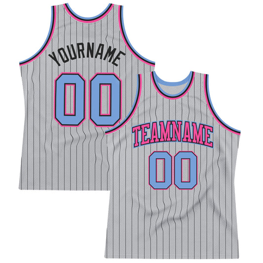 Custom Gray Black Pinstripe Light Blue-Pink Authentic Basketball Jersey - Sky-Custom