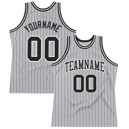 Custom Gray Black Pinstripe Black-White Authentic Basketball Jersey - Sky-Custom