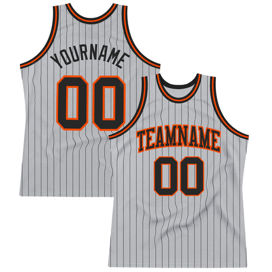 Custom Gray Black Pinstripe Black-Orange Authentic Basketball Jersey - Sky-Custom