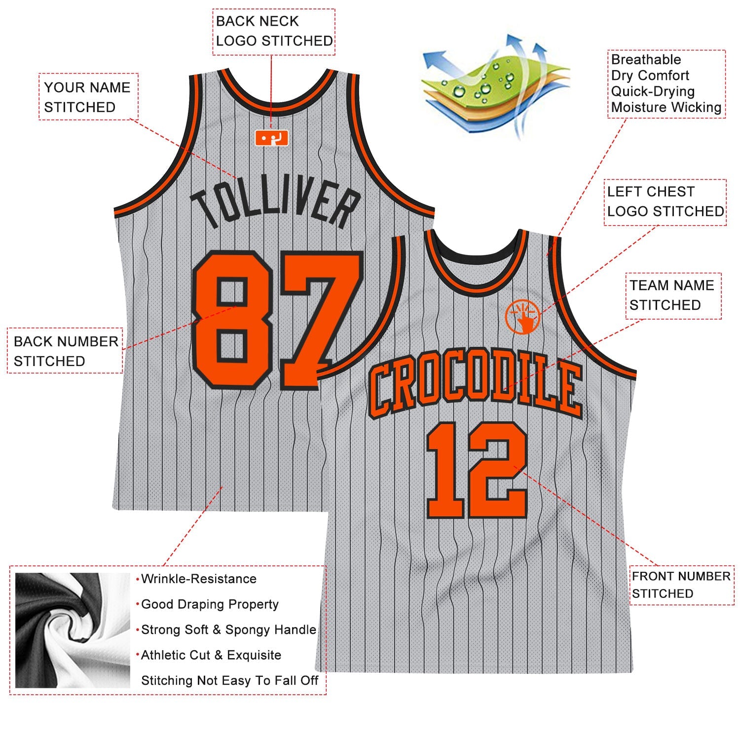 Custom Gray Black Pinstripe Orange Authentic Basketball Jersey - Sky-Custom