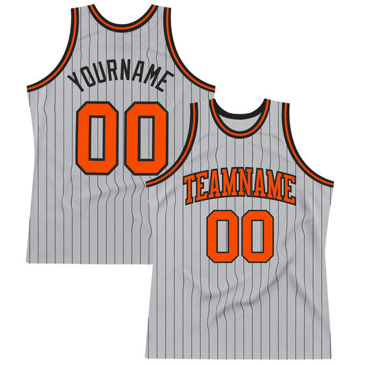 Custom Gray Black Pinstripe Orange Authentic Basketball Jersey - Sky-Custom