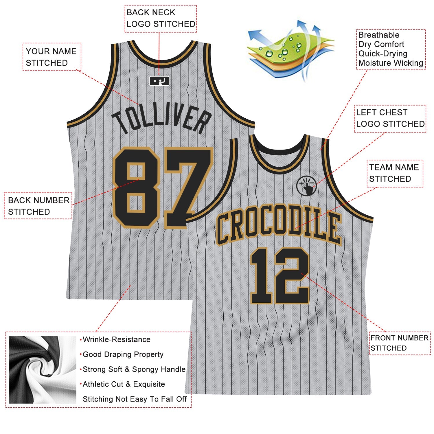 Custom Gray Black Pinstripe Black-Old Gold Authentic Basketball Jersey - Sky-Custom