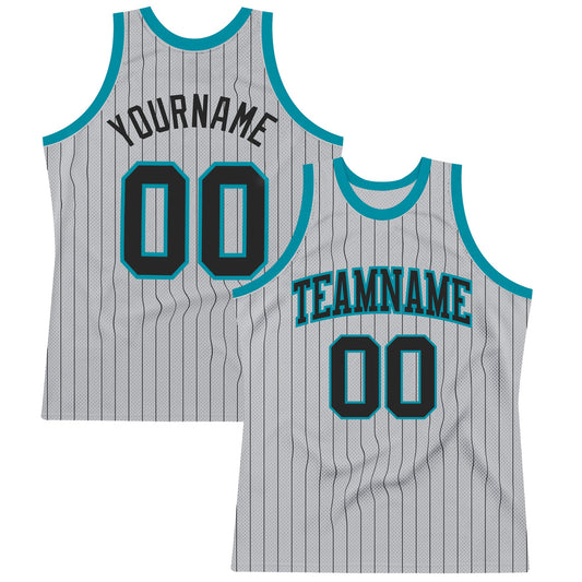 Custom Gray Black Pinstripe Black-Teal Authentic Basketball Jersey - Sky-Custom