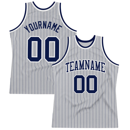 Custom Gray Navy Pinstripe Navy-White Authentic Basketball Jersey - Sky-Custom