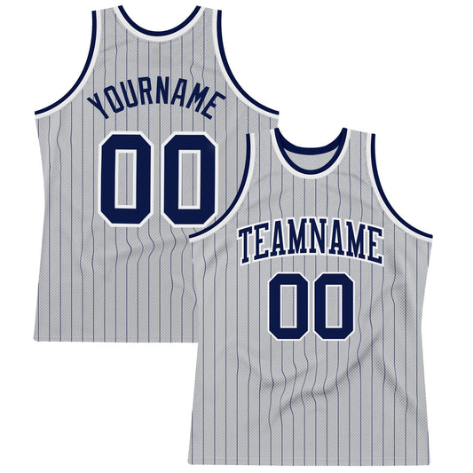 Custom Gray Navy Pinstripe Navy-White Authentic Basketball Jersey - Sky-Custom