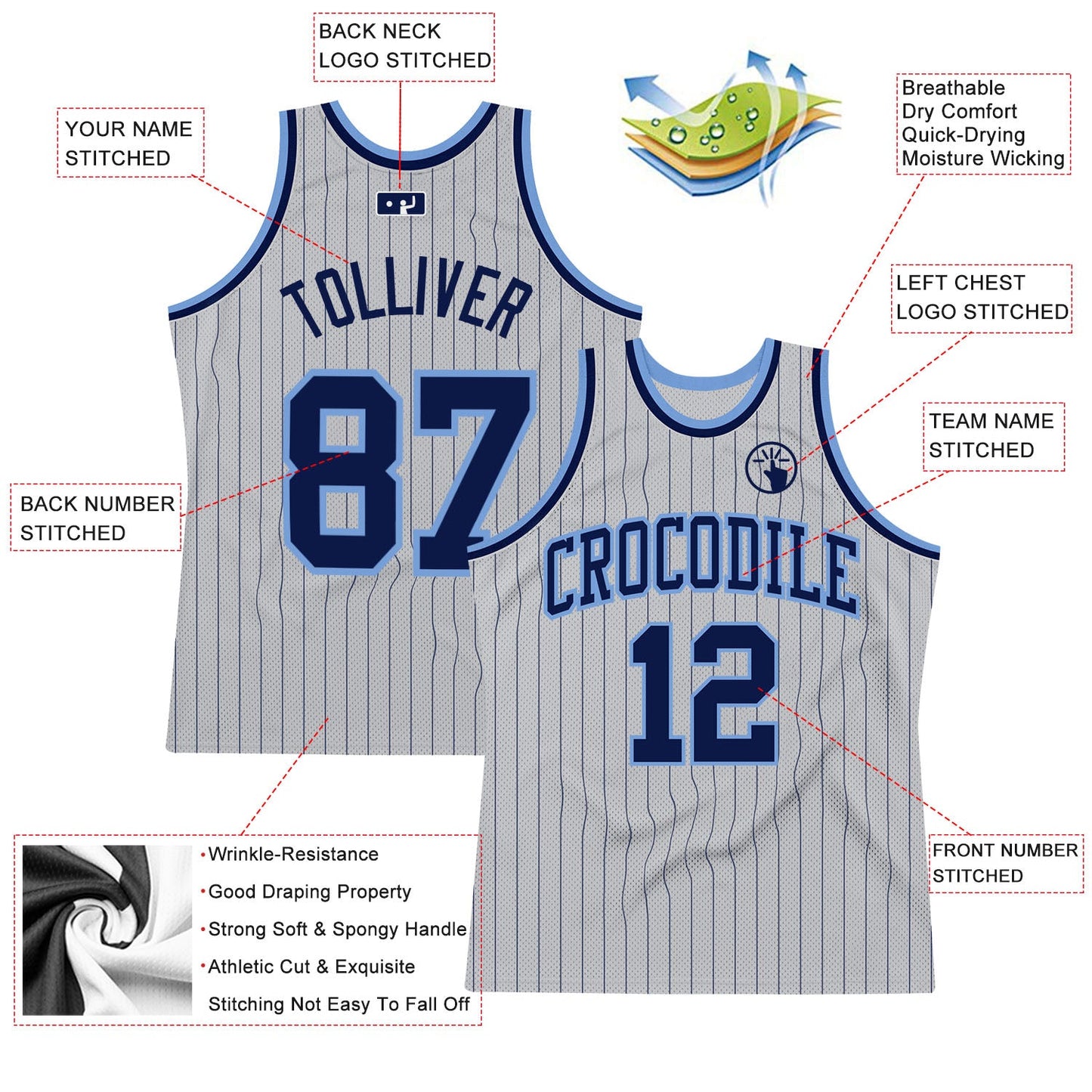 Custom Gray Navy Pinstripe Navy-Light Blue Authentic Basketball Jersey - Sky-Custom