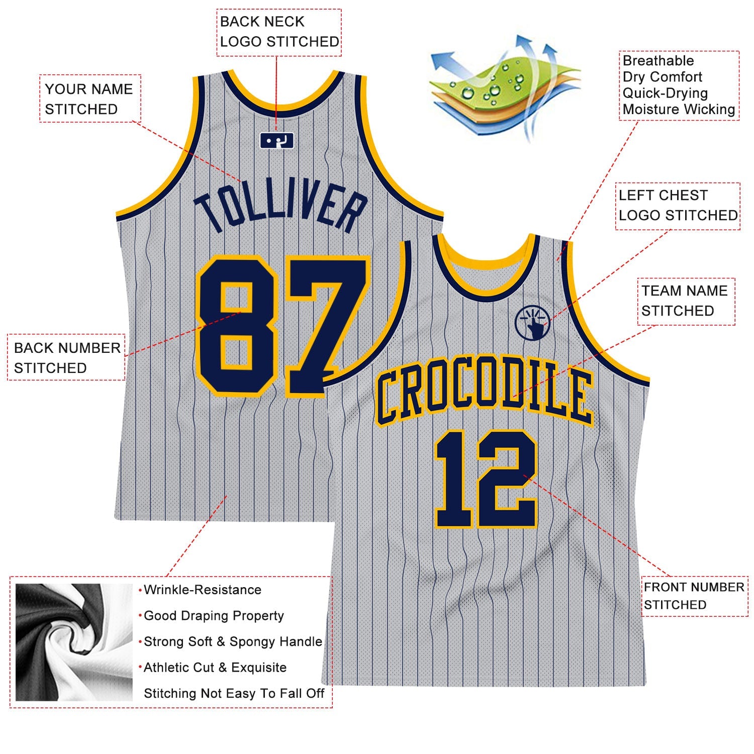Custom Gray Navy Pinstripe Navy-Gold Authentic Basketball Jersey - Sky-Custom