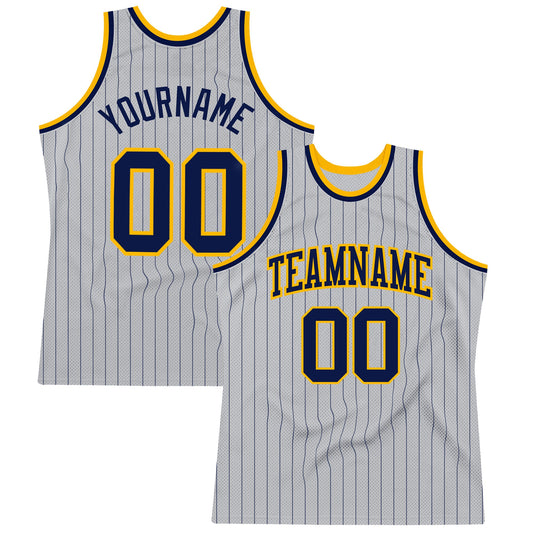Custom Gray Navy Pinstripe Navy-Gold Authentic Basketball Jersey - Sky-Custom