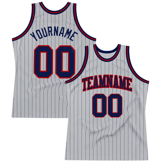 Custom Gray Navy Pinstripe Navy-Red Authentic Basketball Jersey - Sky-Custom