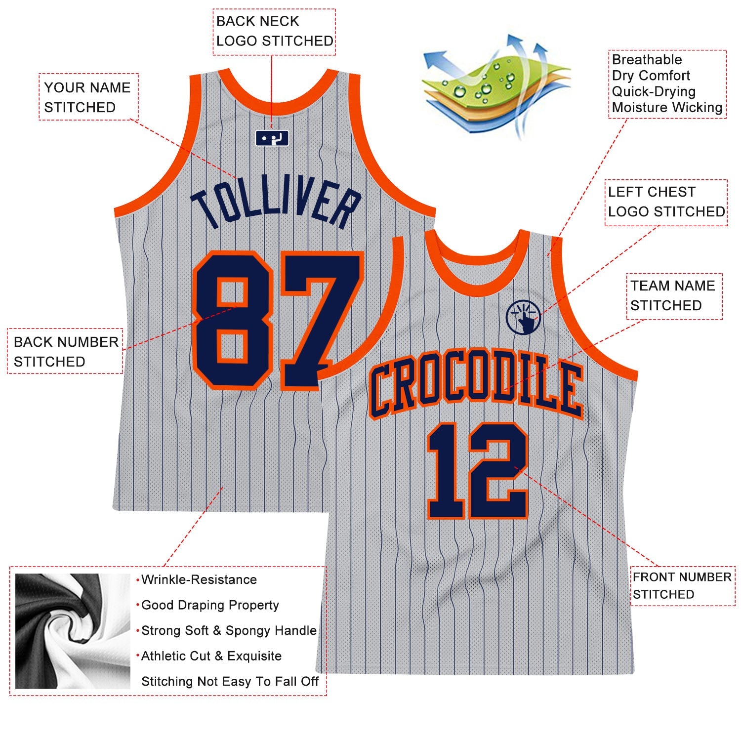 Custom Gray Navy Pinstripe Navy-Orange Authentic Basketball Jersey - Sky-Custom