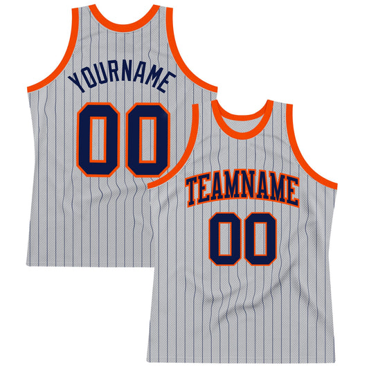 Custom Gray Navy Pinstripe Navy-Orange Authentic Basketball Jersey - Sky-Custom