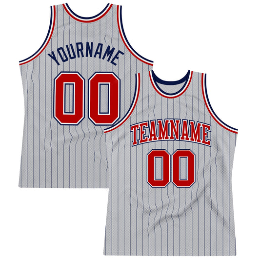 Custom Gray Navy Pinstripe Red-White Authentic Basketball Jersey - Sky-Custom