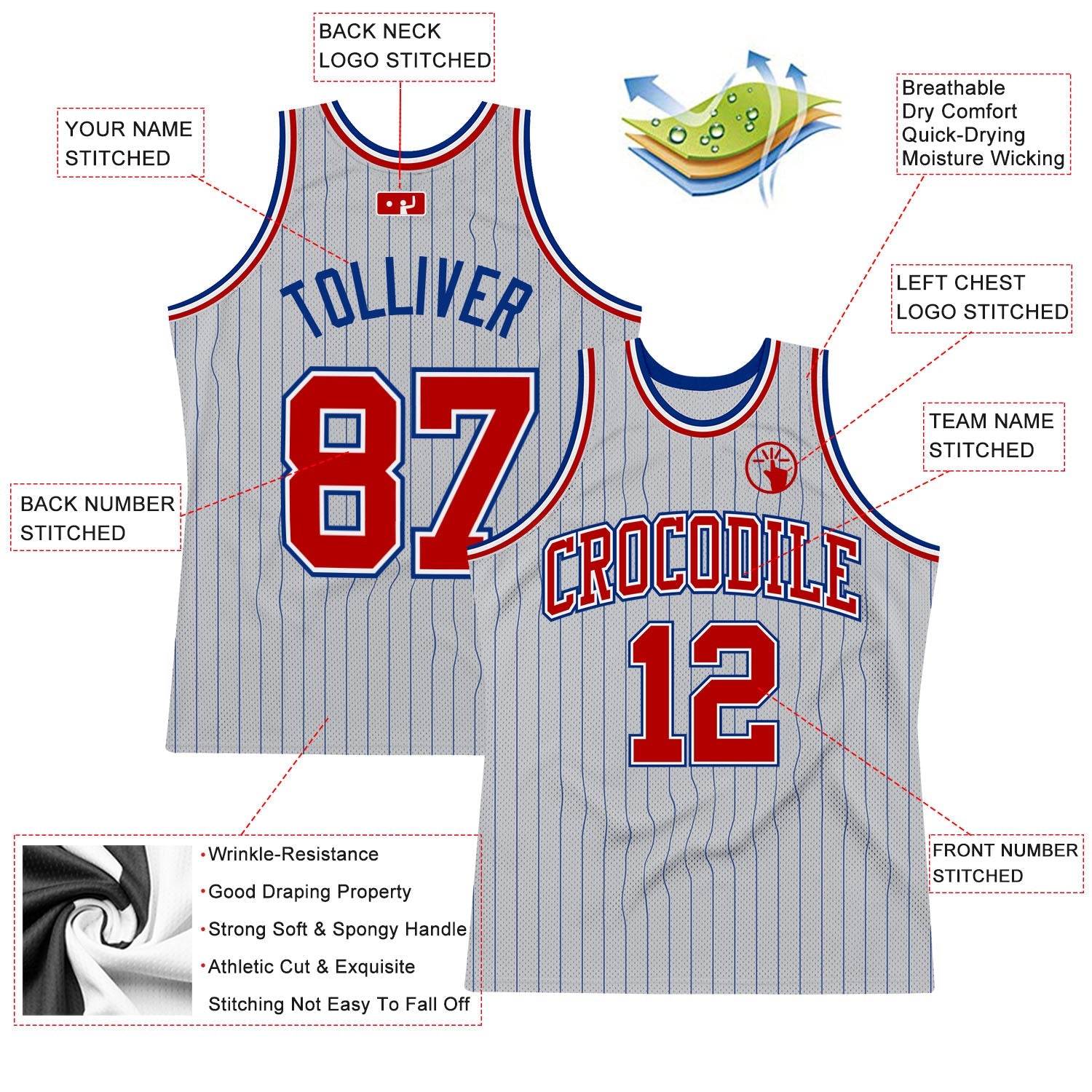 Custom Gray Royal Pinstripe Red-White Authentic Basketball Jersey - Sky-Custom