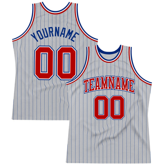 Custom Gray Royal Pinstripe Red-White Authentic Basketball Jersey - Sky-Custom