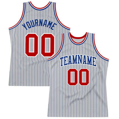 Custom Gray Royal Pinstripe Red-White Authentic Basketball Jersey - Sky-Custom