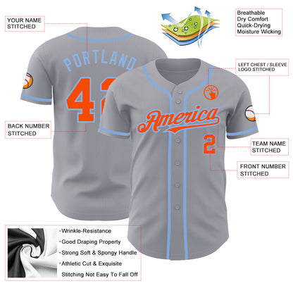 Custom Gray Orange-Light Blue Authentic Baseball Jersey - Sky-Custom