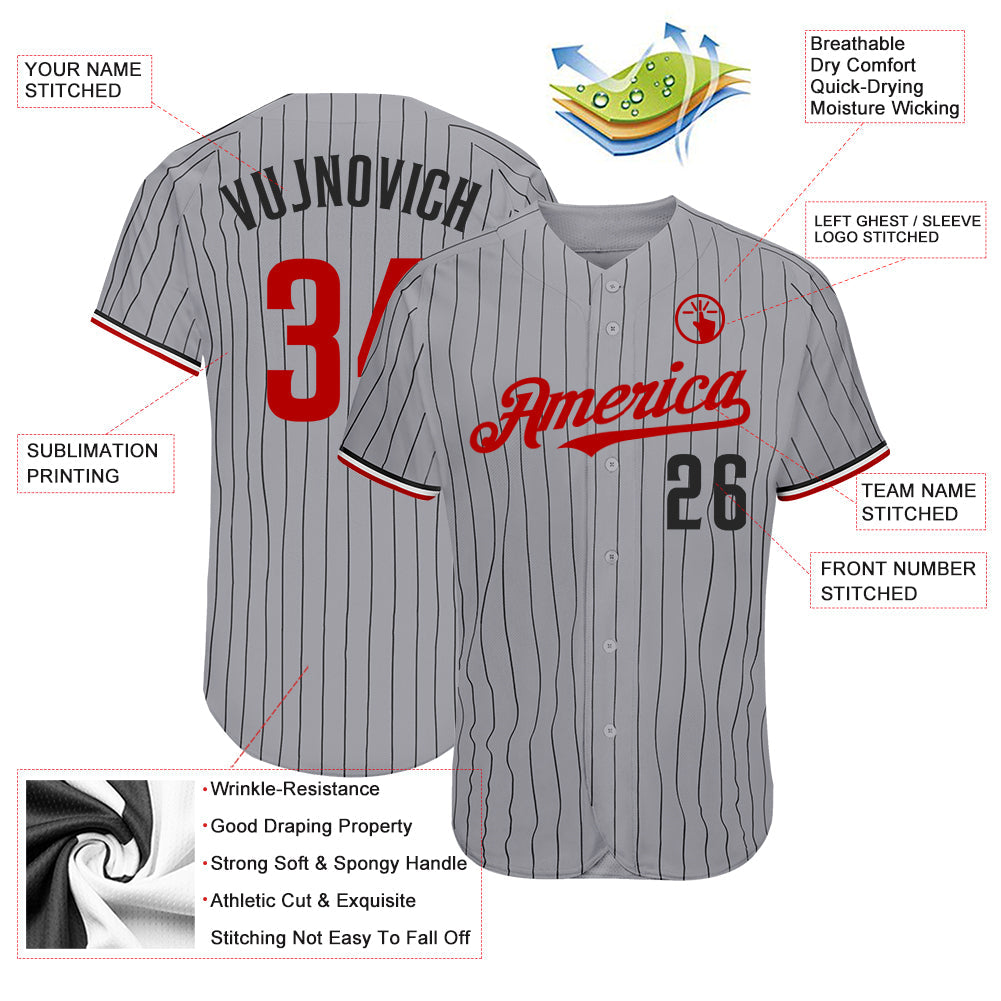 Custom Gray Black Pinstripe Red-White Authentic Baseball Jersey - Sky-Custom