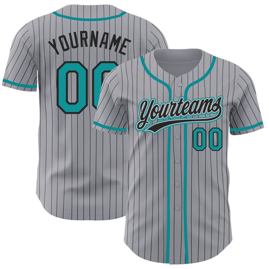Custom Gray Black Pinstripe Teal Authentic Baseball Jersey - Sky-Custom